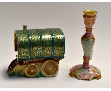 A Royal Worcester single candle stick, 1571, circa 1892. Multi pastel shades and gilt together with a Limited Edition Royal W