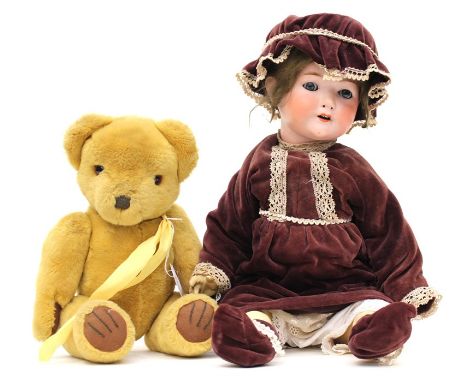 Heubach Köppelsdorf, large bisque head doll along with a small seventies teddy bear