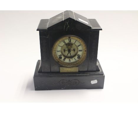 Victorian slate mantle clock with a gilt and enamel dial inscribed plate to the face