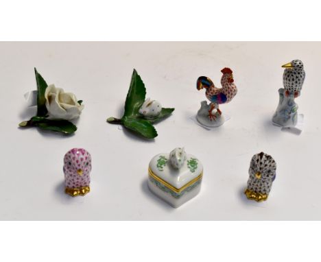 Collection of Hungarian Herend figures and trinket dish to include; owls, birds, rabbits etc