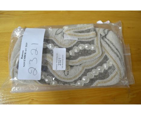 a stylish 1930's evening purse decorated with tiny bugle beads, shell type beadwork in beige, grey &amp; gold with a pear but
