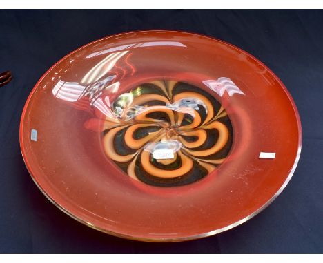 A very large Waterford Evolutions art glass centrepiece. Bright oranges, red swirl. Original box.
