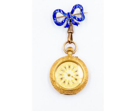 An 18ct gold cased ladies pocket watch, embossed decoration to case with enamel detailing, (damage to enamel worn off) enamel