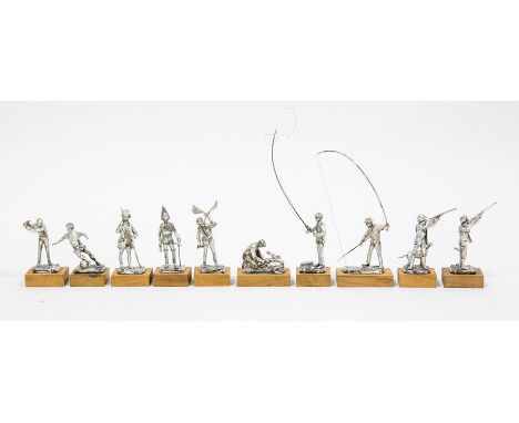 A collection of silver limited edition miniature sporting figures/hunting figures, including anglers, gunmen, golfer A/F, foo