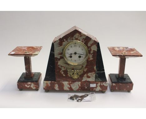 Mottled rouge marble French Art Deco clock garniture ,"Societe Clusienne",SCAPH "Cluses" on movement, with pendulum and key.
