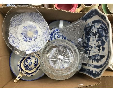 Blue and white wares from 19th Century, to include bowls, teapot, comport, together with glass ware and a large meat plate