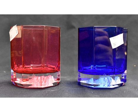 Two Rosenthal glass tumblers deep blue and ruby red "Versace" in original boxes