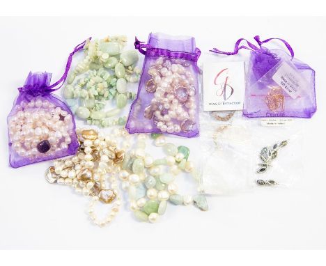 A collection of precious and semi precious bead jewellery to include two cultured pearl necklaces with Keshi pearls, with mat
