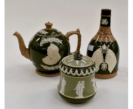 Carlton Ware tobacco jar, Copeland teapot (AF), Victoria's Reign and Copeland bottle, Coronation George and Mary along with l