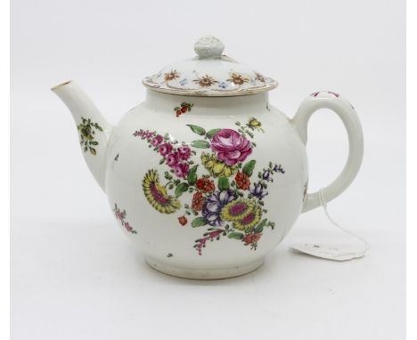 An 18th century teapot, probably Pennington of Liverpool, of cannon ball form decorated with floral sprays, associated lid, c