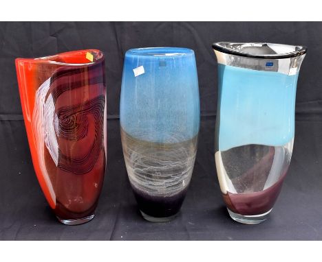 Three Svaja art glass medium sized vases, various colourways.