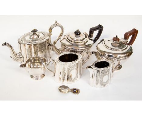 A collection of silver plate, EPNS including a Victorian three piece tea set, engraved with flowers; another teapot and jug: 