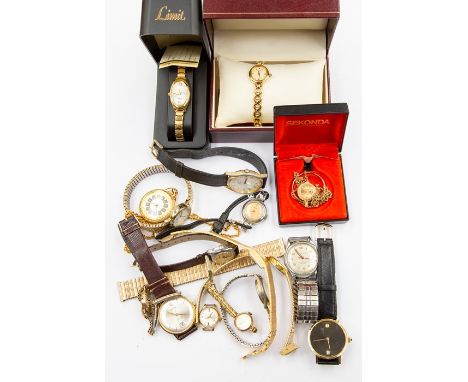 A group of watches to include ladies Bentima watch on rolled gold strap, gold plated Rotary boxed, along with other ladies pl