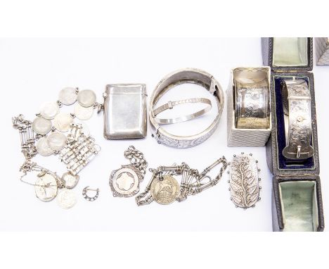 Silver - a Victorian hinged 'belt' bangle, stamped sterling; silver vesta; brooches; fobs; bracelet; napkin ring; etc; approx