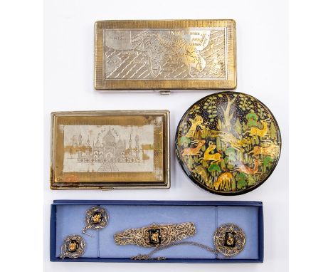 Indian mache box, two Indian plated cigarette cases and Indian silver filigree gold inlayed&nbsp;art deco&nbsp;jewellery set&