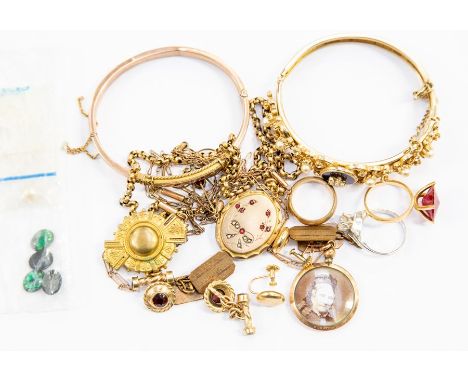 A collection of yellow metal jewellery, including rolled gold pendants, yellow metal cufflinks; ruby and diamond chip yellow 
