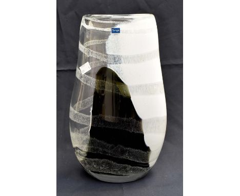 A mid size Svaja art glass vase. Black, white and clear