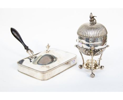 A George III silver-plate Chafing dish, rectangular body with reeded rim, the domed cover with urn shaped finial, turned wood