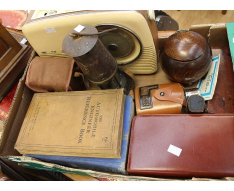 A collectors lot including miners lamp number 126, a vintage Bush Bakelite radio; Brownie SIX-20 camera by Kodak; a hip flask