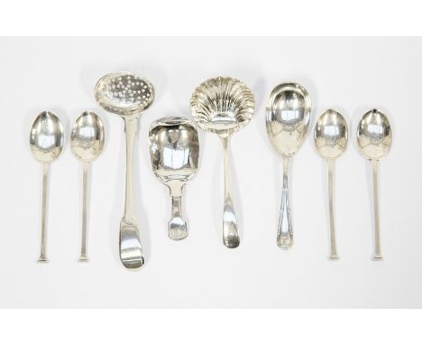 Two sugar sifter spoons, four silver coffee spoons, two silver caddy spoons