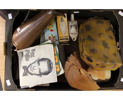 A collectors lot to include; a Clarke Penny Whistle, vintage ladle circa 1920/30, electromagnetic health treatment set, coppe