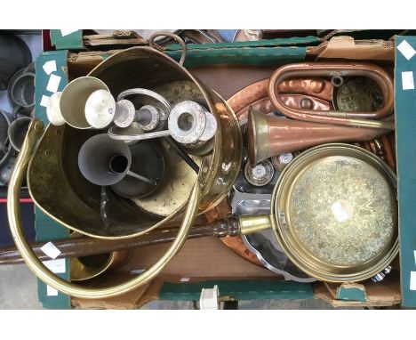 Collection of brass and copper wares, including a bugle and coal scuttle&nbsp;