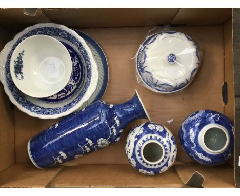A group of ceramic blue and whites including Chinese ginger jars, Chinese baluster jug, Delft Chinoiserie plate and English e