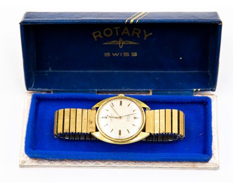 A gents Rotary bracelet watch, baton numerals, with emphasised batons at the quarters, gold plated, original box, mechanical 