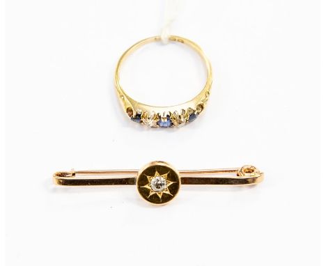 An 18ct gold five-stone sapphire and diamond ring size Q1/2, approx 3.2gms; and a 9ct gold and diamond solitaire brooch, appr