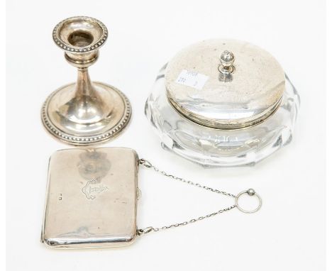 Silver ladies purse candle stick and silver topped glass powder dish