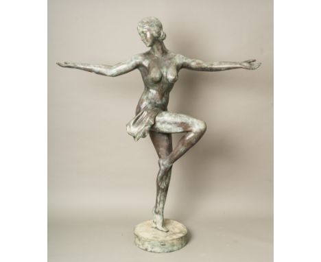 Life size  Art Deco Sculpture, of a dancing female nude on a round base , bronze cast with original patina and verdis gris , 