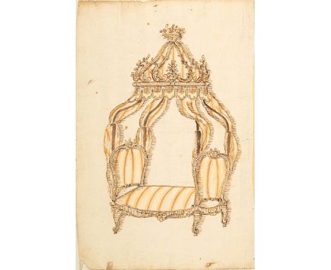 French Artist 18th Century, design for a bed. Black ink with water colours on paper. On the back descriptiion with provenance