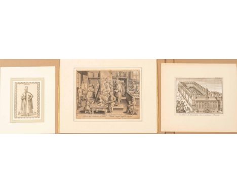 Lot of three Graphics, etching by Johann Stradanus on paper. 21 x 27 cm. Copper print of the Borsa of Amsterdam, 16 x 21 cm a
