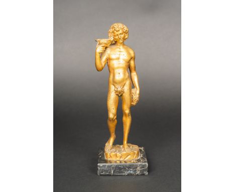 Michelangelo Buonarotti (1475-1564)-after., Bacchus. Gilded bronze cast on marble base. 24 cm high.