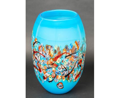 Murano Glass Vase, multicoloured and curved decorations on blue ground. 20Th Century. 40 cm high.