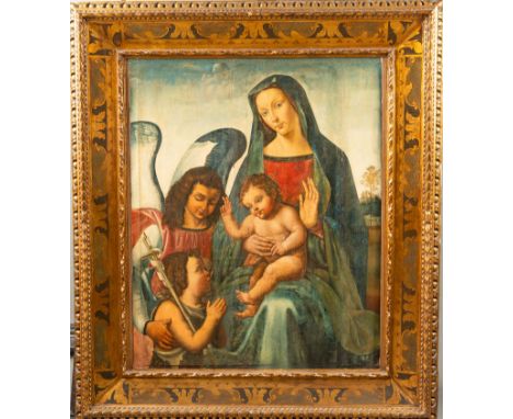 Venetian School early 16th Century, Madonna with angel, Jesus and st. John in landscape. Oil or tempera on wooden panel. In a