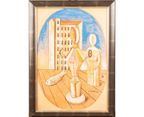 Carlo Carra (1881-1966)-graphic, futuristic still life. Oleographie on canvas. Framed. 67 x 47 cm.