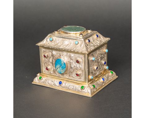 Nuremberg Silver Casket, rectangular shape with lid and outbowed base. Rich ornamental and figural chase and engraved decorat