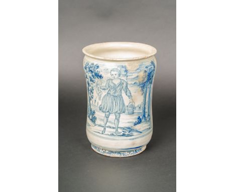 Castelli Albarello, ceramic, blue painted decorations. Inside two sections with hole. Around 1700. 23 cm high.