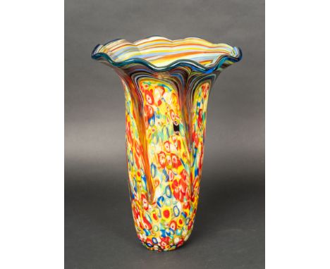 Murano Glass Vase, multicoloured and curved decorations. 20Th Century. 48 cm high.