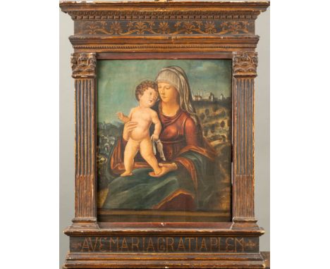 Giovanni Battista Cima (1459-1517)-school, Madonna with child in landscape. Oil or tempera on wooden panel  partly gilded, pa