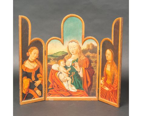 Wolfang Krodel (1500-1561)-follower, Thryptic. Madonna with child in landscape and two female saints on the side panels. Outs