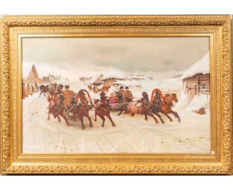Russian Artist 19th Century, Monumental painting of a race in a russian village in winter  , remains of signature bottom left