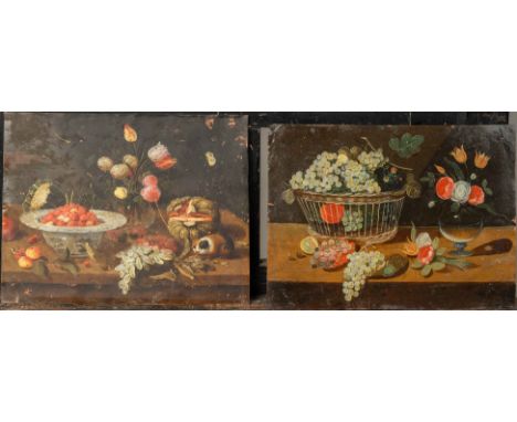 Jan van Kessel (1626-1679)-attributed, pair of still life. Oil on copper. Damages. 16,3 x 22 cm, 17 x 22 cm.