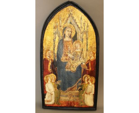 Central Italian Artist 15th Century, gold ground panel with Madonna, Child and six saints. Tempera on partly pounced gold gro