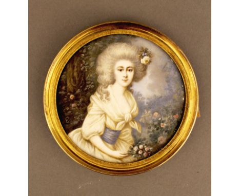 Ignazio Campana (1744-1786), portrait miniature of a lady in landscape. Monogrammed bottom left. In original gilded bronze fr