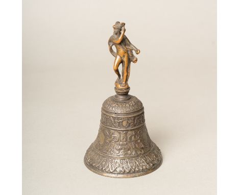 Venetian Table Bell, with Mercur on top. Bronze cast with original patina. The bell with rich figural decorations. Bronze ham