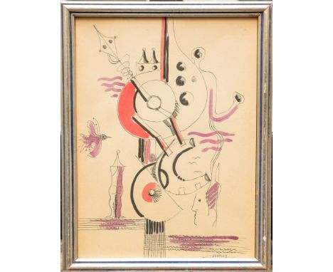 Gyula Hincz (1904-1986)-attributed, surrealistic drawing. Black ink with water colour on paper. Signed bottom right. 42 x 32 