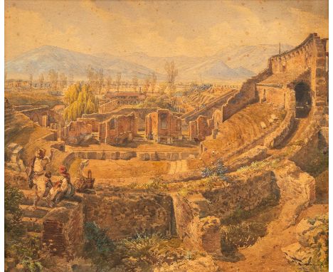 Theodore Ducler (born 1816), the ancient greek theatre in Pompei with view over the site. Water colour on paper. Signed botto