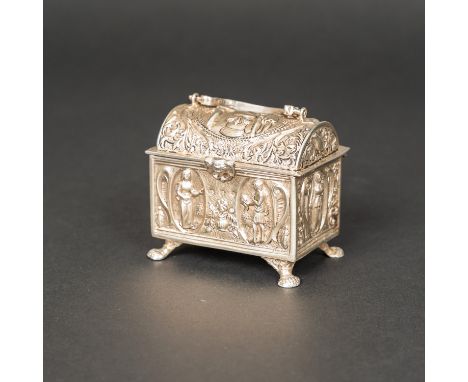 Dutch Silver Marriage Casket, in rectangular shape with arched lid. Handgrip. On four lion feet. Rich floral and figural deco